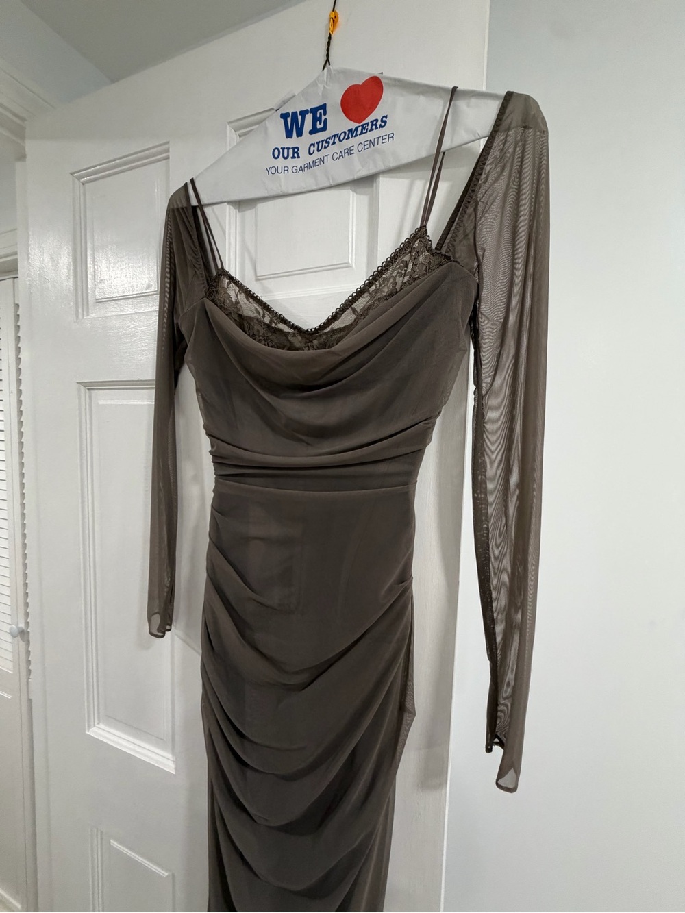 House of CB Olive-Taupe Off-Shoulder Ruched Maxi Dress - Picture 5 of 6